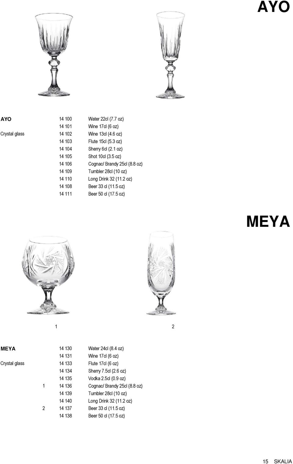 5 oz) 14 111 Beer 50 cl (17.5 oz) MEYA 1 2 MEYA 14 130 Water 24cl (8.4 oz) 14 131 Wine 17cl (6 oz) Crystal glass 14 133 Flute 17cl (6 oz) 14 134 Sherry 7.5cl (2.