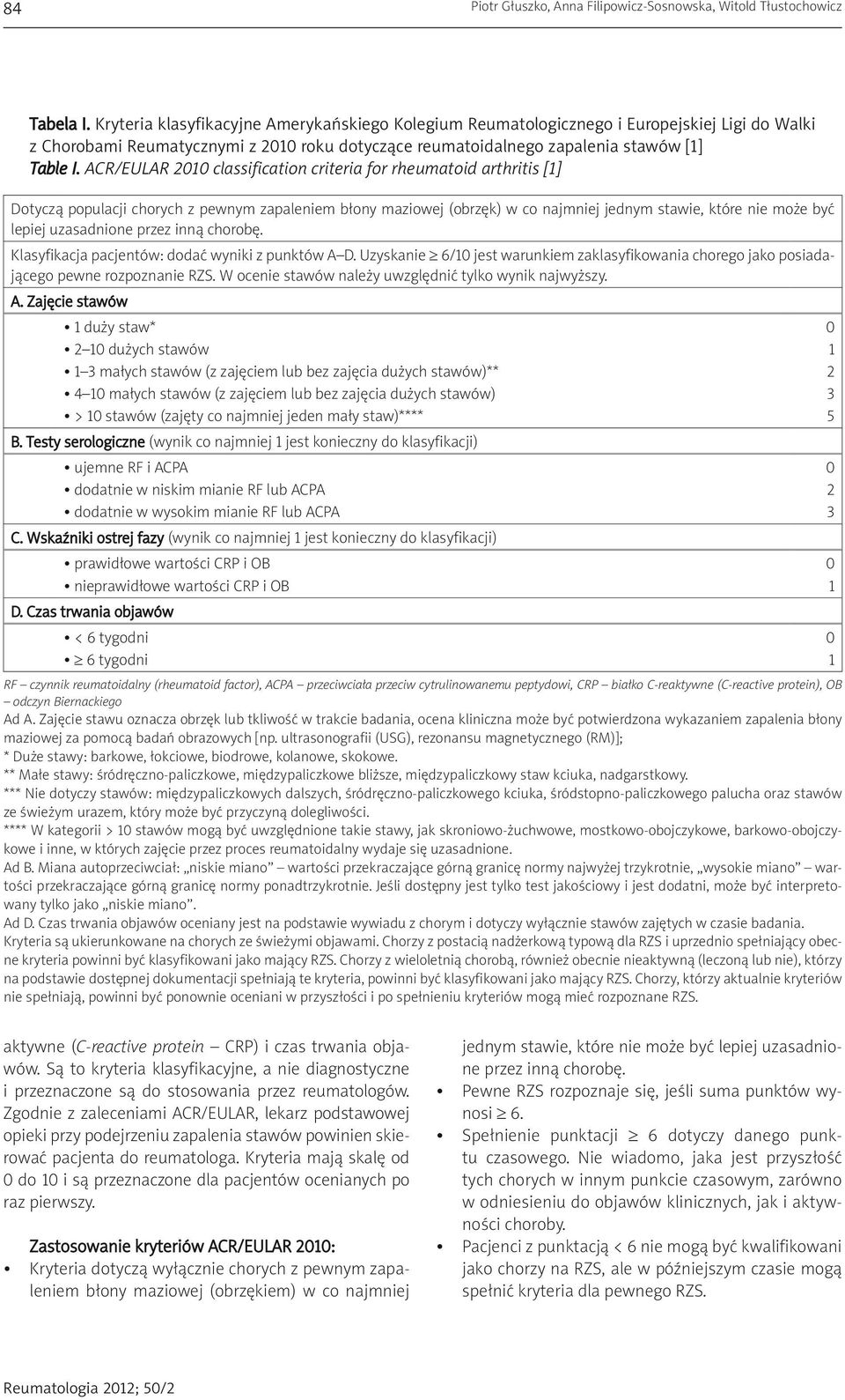 ACR/EULAR 2010 classification criteria for rheumatoid arthritis [1] Dotyczą populacji chorych z pewnym zapaleniem błony maziowej (obrzęk) w co najmniej jednym stawie, które nie może być lepiej