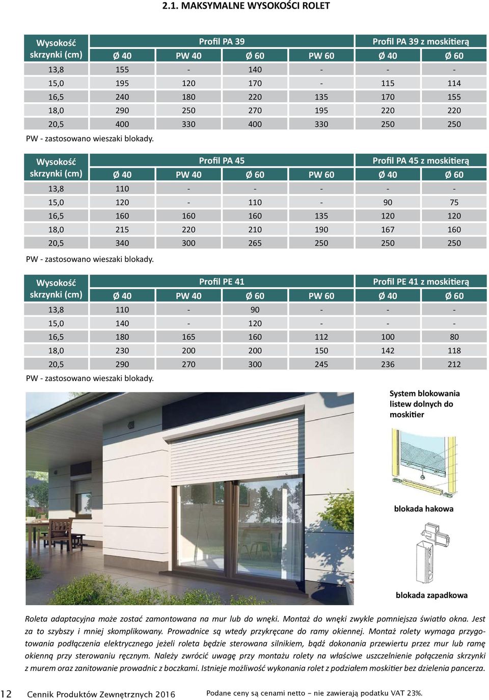 Wysokość skrzynki (cm) Profil PA 45 Profil PA 45 z moskitierą Ø 40 PW 40 Ø 60 PW 60 Ø 40 Ø 60 13,8 110 - - - - - 15,0 120-110 - 90 75 16,5 160 160 160 135 120 120 18,0 215 220 210 190 167 160 20,5