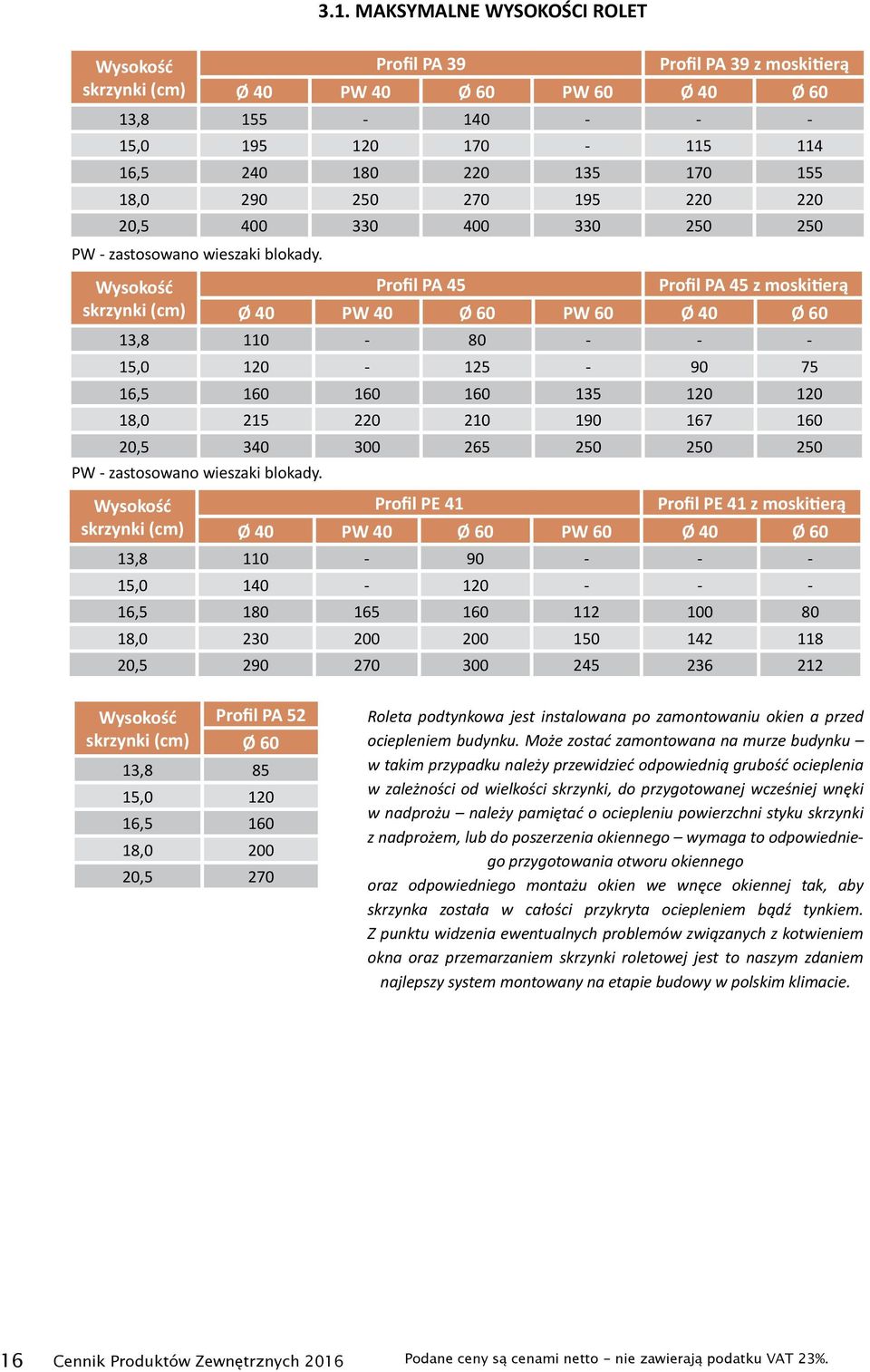 Wysokość Profil PA 45 Profil PA 45 z moskitierą skrzynki (cm) Ø 40 PW 40 Ø 60 PW 60 Ø 40 Ø 60 13,8 110-80 - - - 15,0 120-125 - 90 75 16,5 160 160 160 135 120 120 18,0 215 220 210 190 167 160 20,5 340