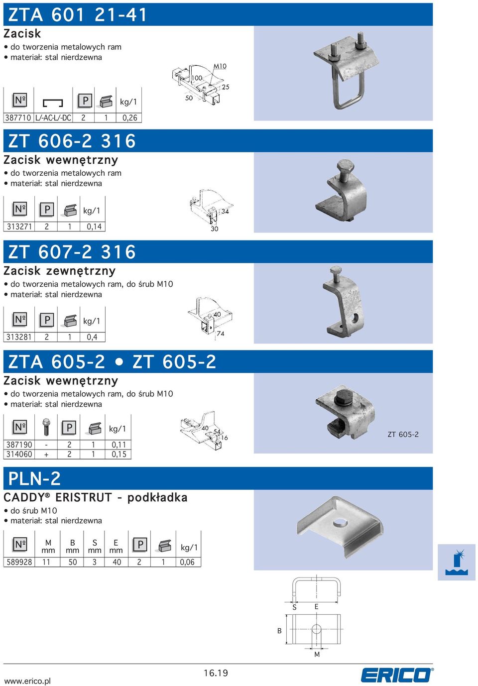 10 313281 2 1 0,4 ZT 605-2 ZT 605-2 Zacisk wewnętrn do tworenia metalowch ram, do śrub 10 387190-2 1