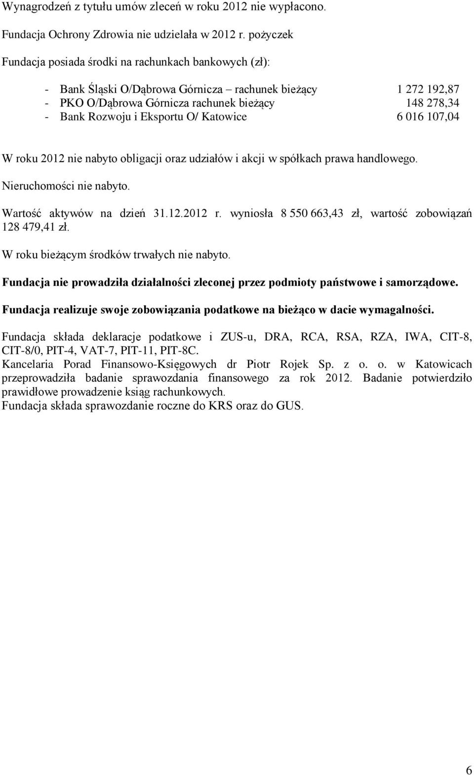 Eksportu O/ Katowice 6 016 107,04 W roku 2012 nie nabyto obligacji oraz udziałów i akcji w spółkach prawa handlowego. Nieruchomości nie nabyto. Wartość aktywów na dzień 31.12.2012 r.
