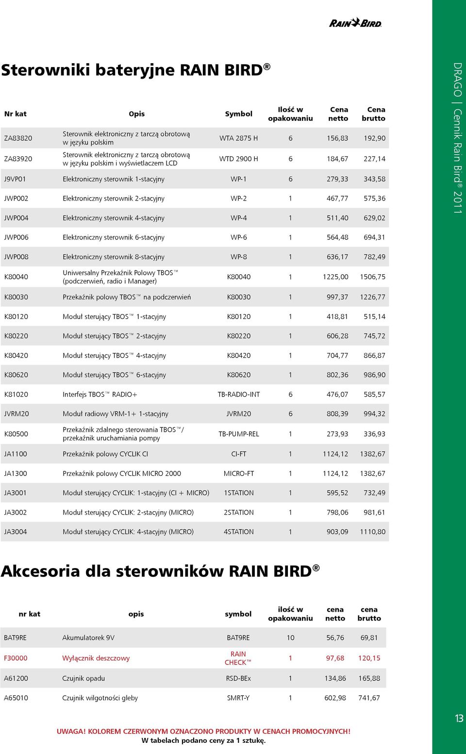 4-stacyjny WP-4 1 511,40 629,02 DRAGO Cennik Rain Bird 2011 JWP006 Elektroniczny sterownik 6-stacyjny WP-6 1 564,48 694,31 JWP008 Elektroniczny sterownik 8-stacyjny WP-8 1 636,17 782,49 K80040