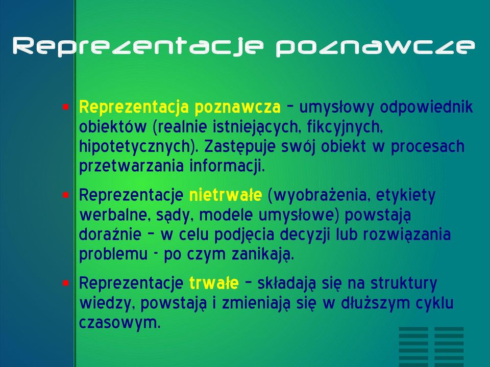 Reprezentacje nietrwałe (wyobrażenia, etykiety werbalne, sądy, modele umysłowe) powstają doraźnie w celu podjęcia