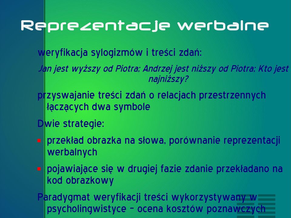 przyswajanie treści zdań o relacjach przestrzennych łączących dwa symbole Dwie strategie: przekład obrazka na