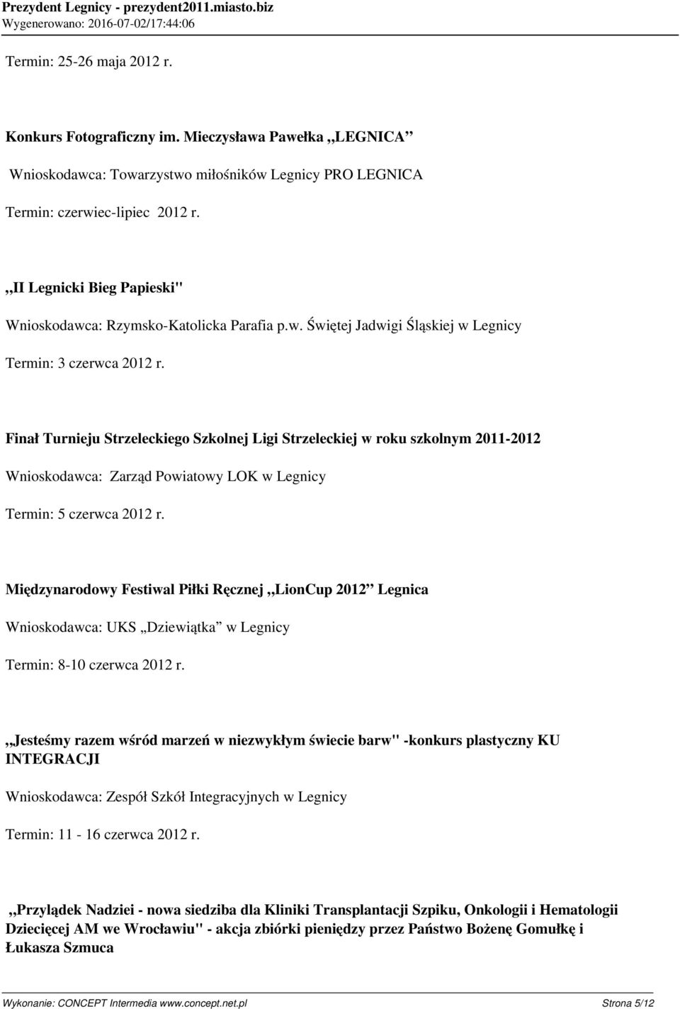 Finał Turnieju Strzeleckiego Szkolnej Ligi Strzeleckiej w roku szkolnym 2011-2012 Wnioskodawca: Zarząd Powiatowy LOK w Legnicy Termin: 5 czerwca 2012 r.