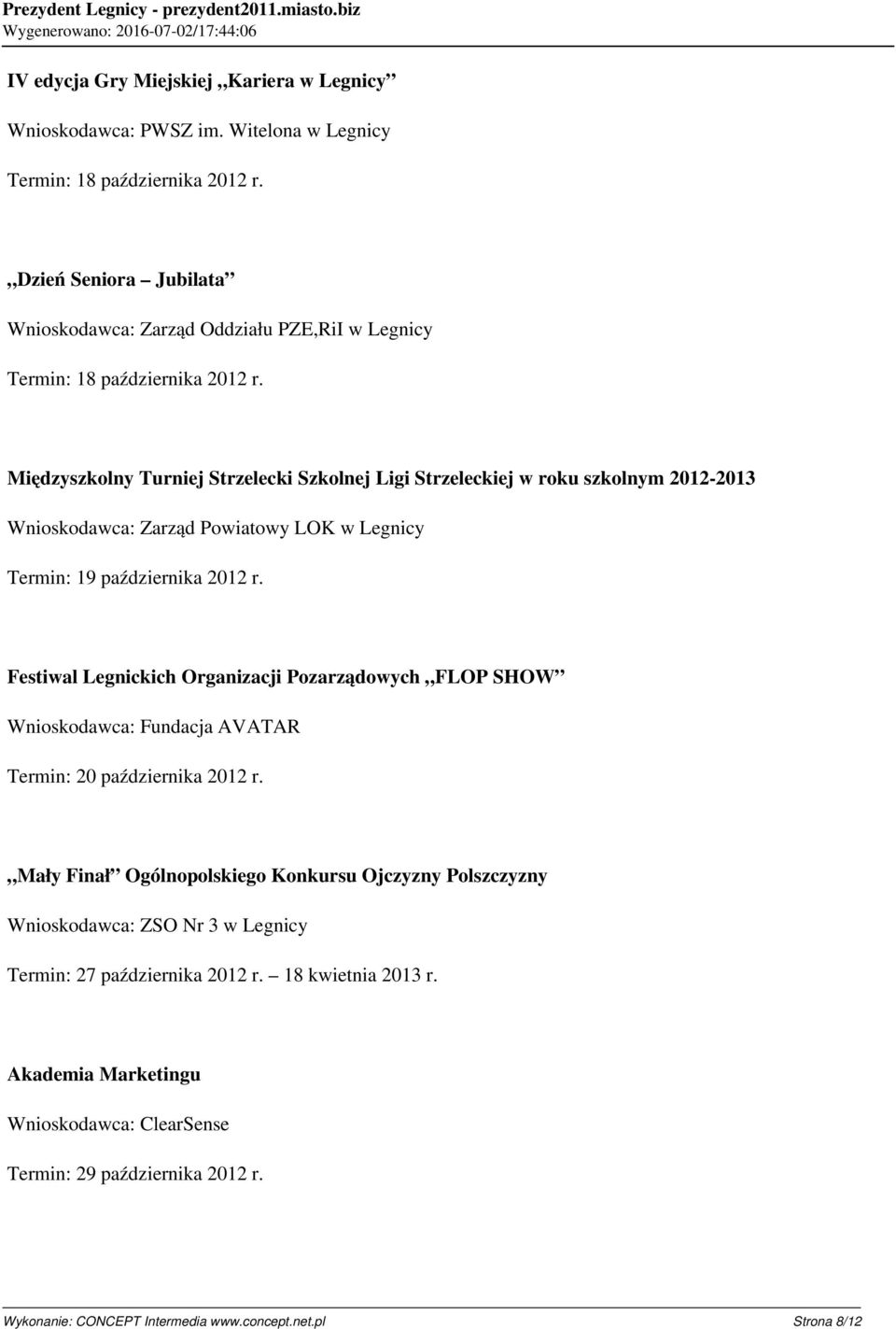 Międzyszkolny Turniej Strzelecki Szkolnej Ligi Strzeleckiej w roku szkolnym 2012-2013 Wnioskodawca: Zarząd Powiatowy LOK w Legnicy Termin: 19 października 2012 r.