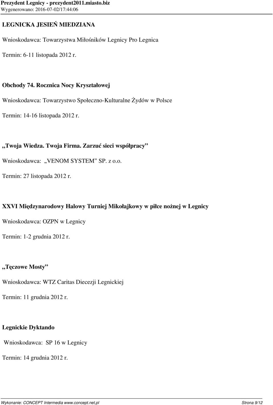 Zarzuć sieci współpracy Wnioskodawca: VENOM SYSTEM SP. z o.o. Termin: 27 listopada 2012 r.