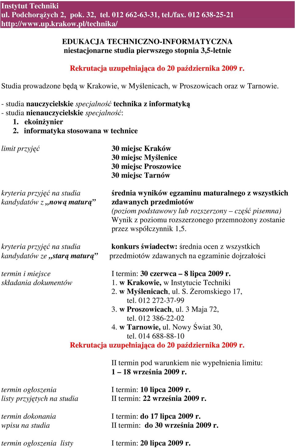 informatyka stosowana w technice na studia kandydatów z nową maturą na studia kandydatów ze starą maturą Kraków Myślenice Proszowice Tarnów średnia wyników egzaminu maturalnego z wszystkich zdawanych