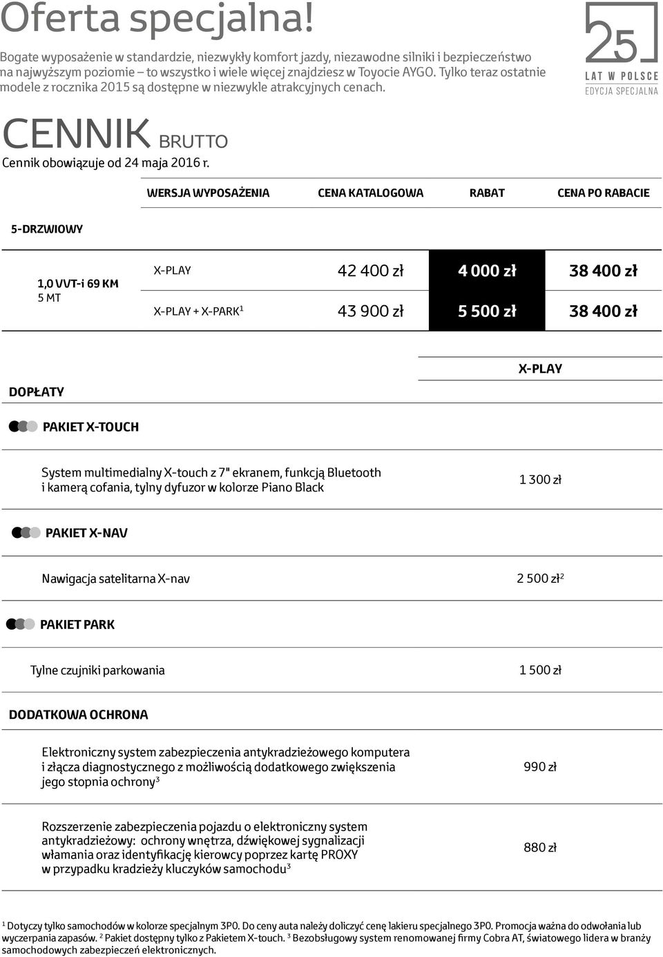 WERSJA WYPOSAŻENIA CENA KATALOGOWA RABAT CENA PO RABACIE 5-DRZWIOWY 1,0 VVT-i 69 KM 5 MT X-PLAY 42 400 zł 4 000 zł 38 400 zł X-PLAY + X-PARK 1 43 900 zł 5 500 zł 38 400 zł X-PLAY DOPŁATY PAKIET