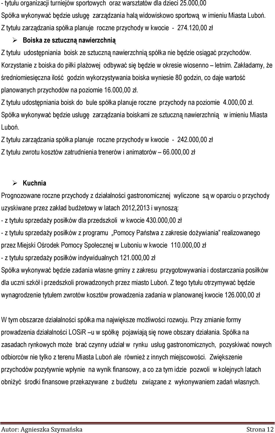 120,00 zł Boiska ze sztuczną nawierzchnią Z tytułu udostępniania boisk ze sztuczną nawierzchnią spółka nie będzie osiągać przychodów.