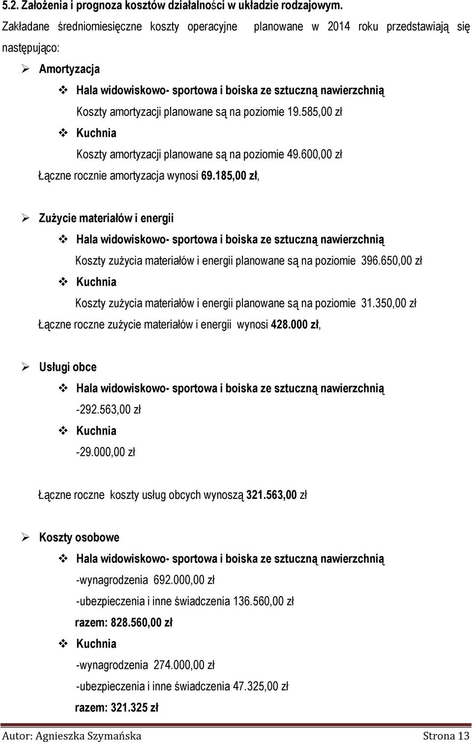 planowane są na poziomie 19.585,00 zł Kuchnia Koszty amortyzacji planowane są na poziomie 49.600,00 zł Łączne rocznie amortyzacja wynosi 69.