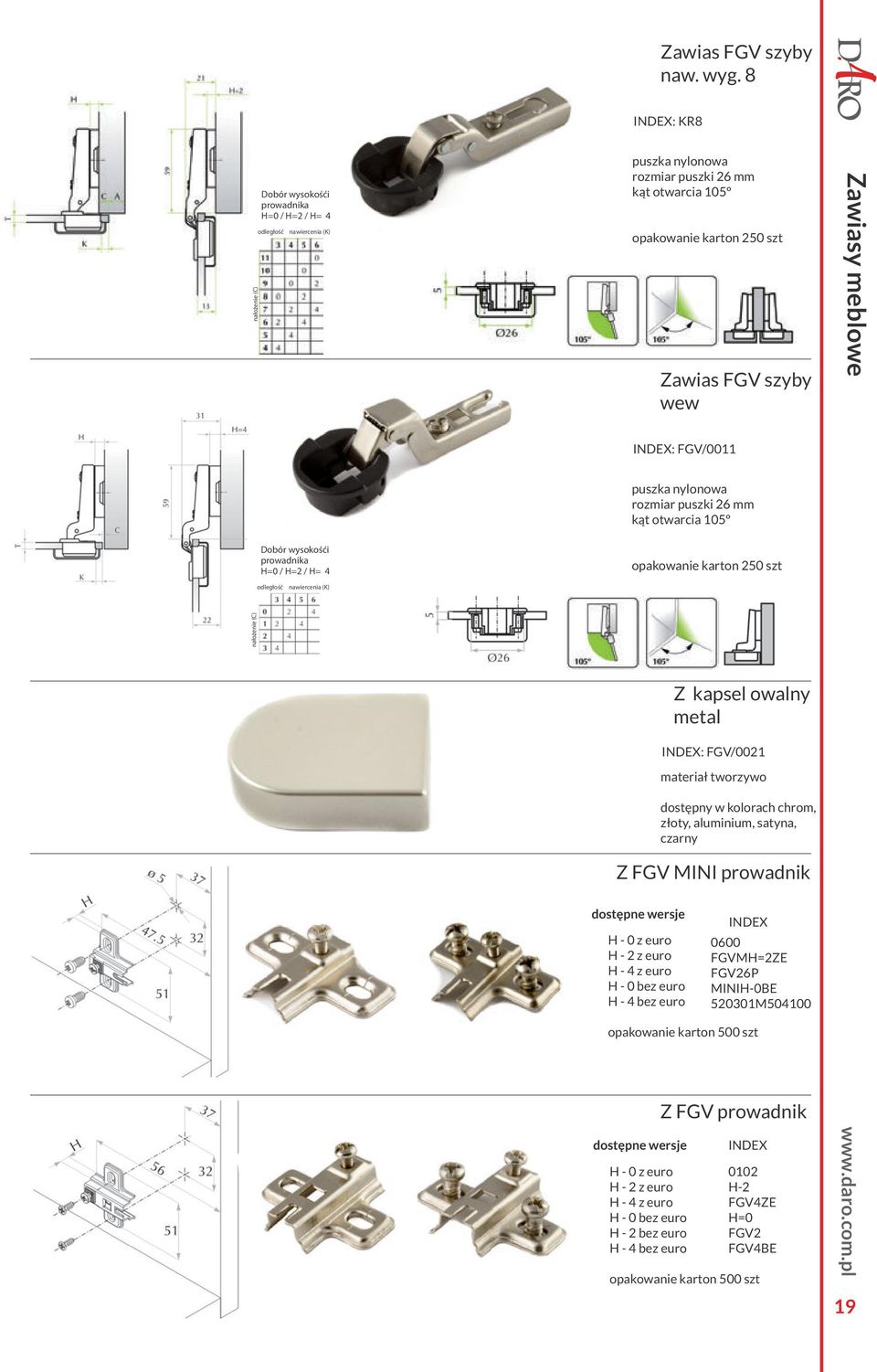 chrom, złoty, aluminium, satyna, czarny Z FGV MINI prowadnik H - 0 z euro H - 2 z euro H - 4 z euro H - 0 bez euro H - 4 bez euro opakowanie karton 500 szt H - 0 z euro H - 2 z euro H - 4 z