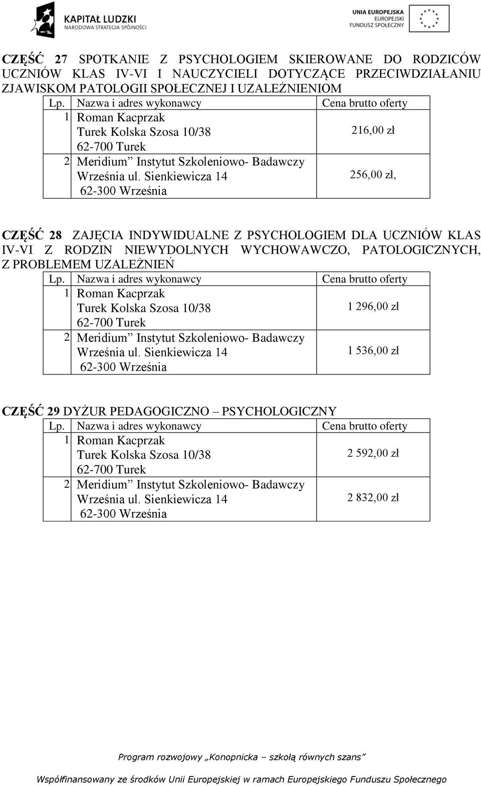 Meridium Instytut Szkoleniowo- Badawczy 256,00 zł, CZĘŚĆ 28 ZAJĘCIA INDYWIDUALNE Z PSYCHOLOGIEM DLA UCZNIÓW KLAS IV-VI Z RODZIN NIEWYDOLNYCH WYCHOWAWCZO,