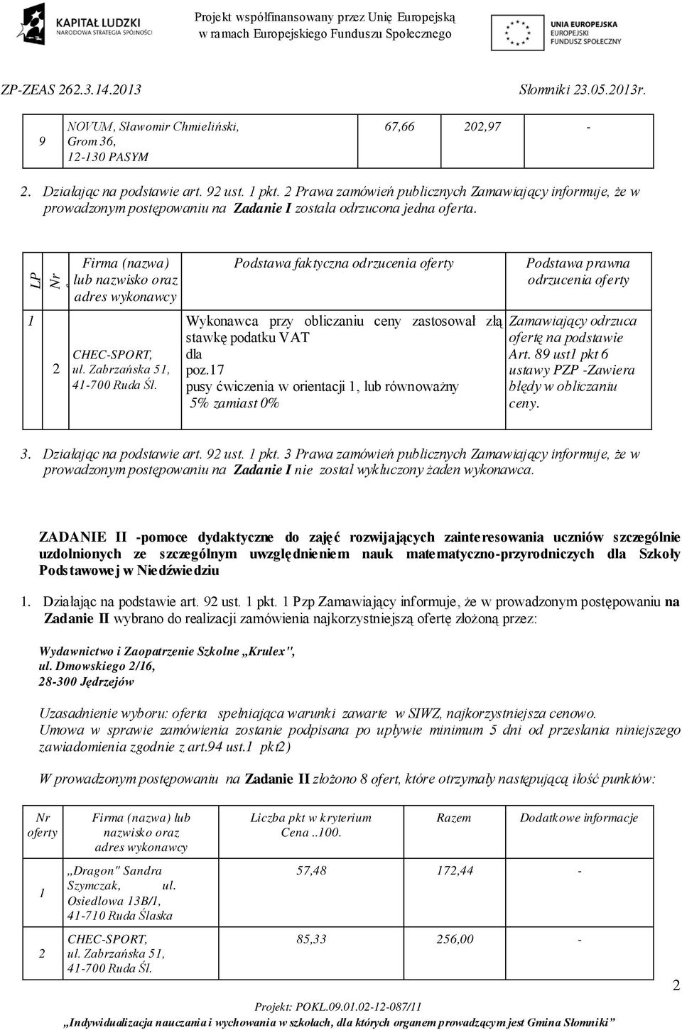 Podstawa faktyczna odrzucenia Wykonawca przy obliczaniu ceny zastosował złą stawkę podatku VAT dla poz.