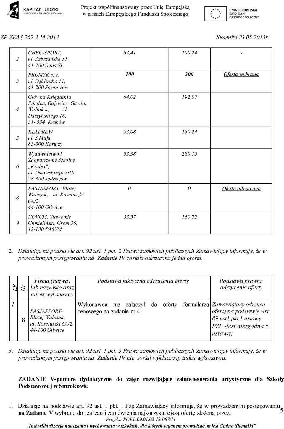 Prawa zamówień publicznych Zamawiający informuje, że w prowadzonym postępowaniu na Zadanie IV została odrzucona jedna oferta. Firma (nazwa) LP f t lub PASJASPORT- Błażej Walczak, ul.