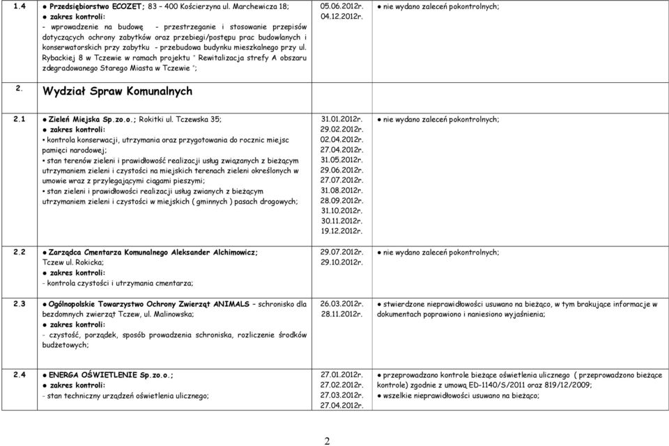 budynku mieszkalnego przy ul. Rybackiej 8 w Tczewie w ramach projektu Rewitalizacja strefy A obszaru zdegradowanego Starego Miasta w Tczewie ; 05.06.2012r. 04.12.2012r. 2. Wydział Spraw Komunalnych 2.
