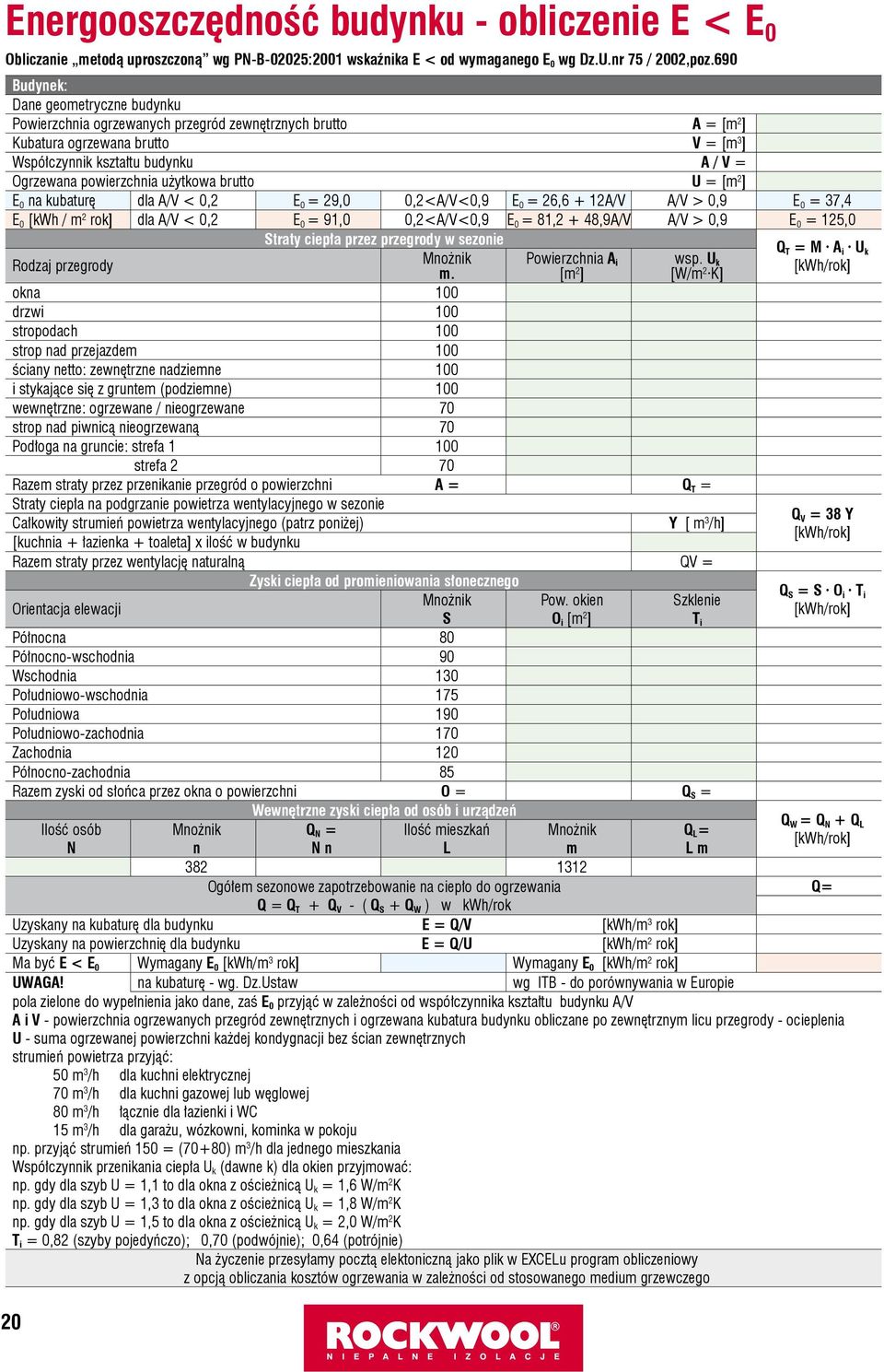 użytkowa brutto U = [m ] E 0 na kubaturę dla A/V < 0, E 0 = 9,0 0,<A/V<0,9 E 0 =, + A/V A/V > 0,9 E 0 = 7, E 0 [kwh / m rok] dla A/V < 0, E 0 = 9,0 0,<A/V<0,9 E 0 = 8, + 8,9A/V A/V > 0,9 E 0 = 5,0