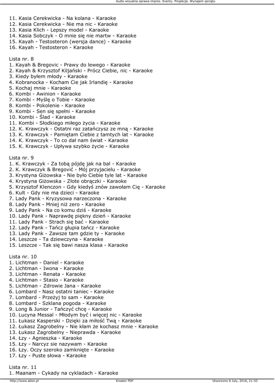 Karaoke - Lista utworów - PDF Darmowe pobieranie