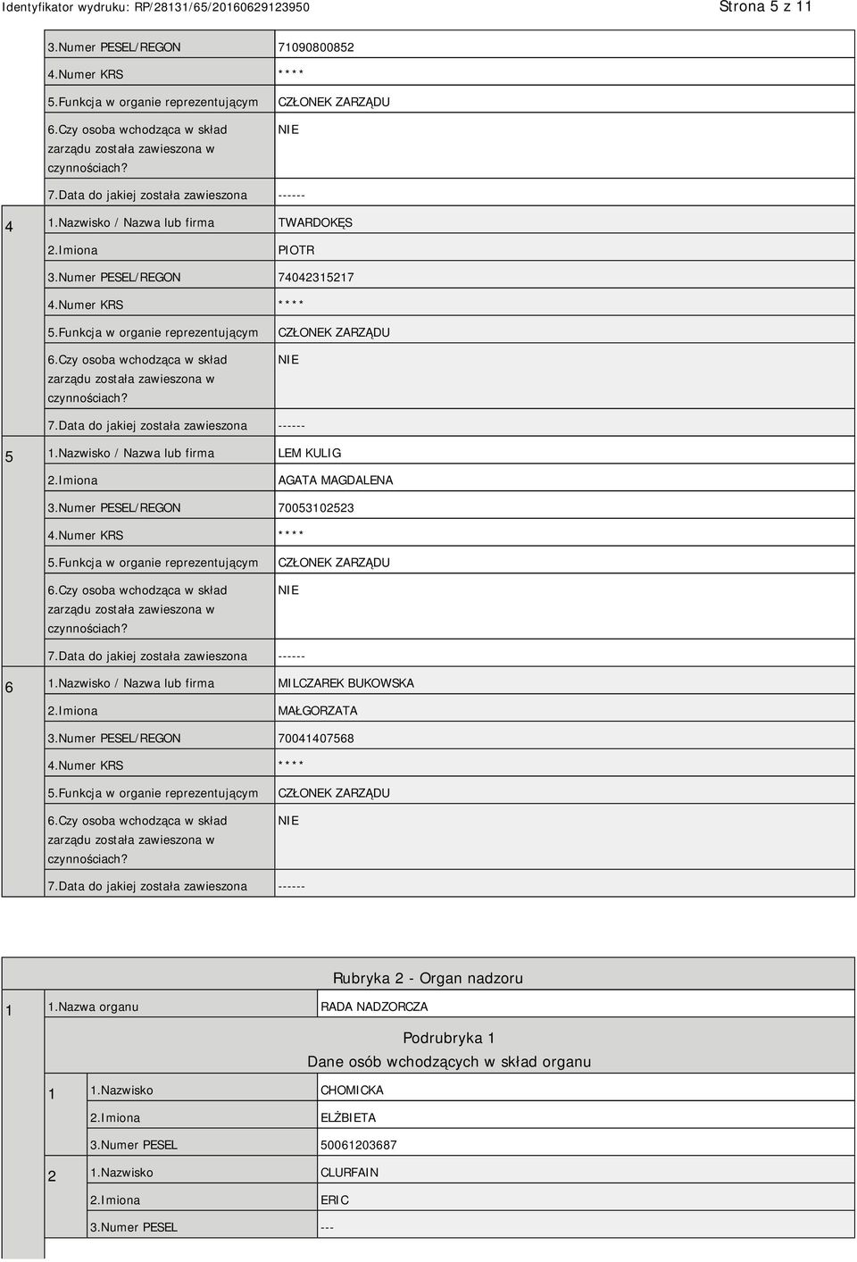 Numer PESEL/REGON 70053102523 CZŁONEK ZARZĄDU 6 1.Nazwisko / Nazwa lub firma MILCZAREK BUKOWSKA MAŁGORZATA 3.