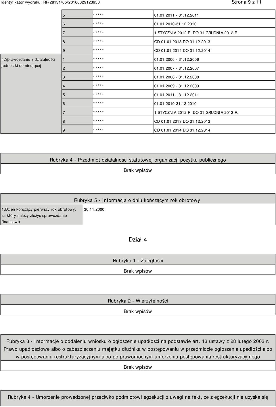 01.2010-31.12.2010 7 ***** 1 STYCZNIA 2012 R. DO 31 GRUDNIA 2012 R. 8 ***** OD 01.01.2013 DO 31.12.2013 9 ***** OD 01.01.2014 DO 31.12.2014 Rubryka 4 - Przedmiot działalności statutowej organizacji pożytku publicznego Rubryka 5 - Informacja o dniu kończącym rok obrotowy 1.