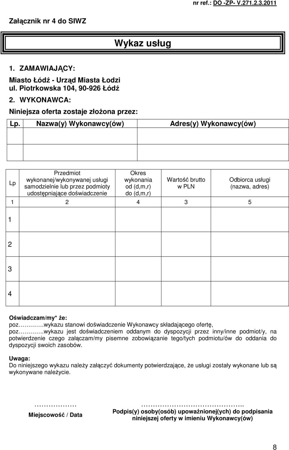 Odbiorca usługi (nazwa, adres) 1 2 4 3 5 2 3 4 Oświadczam/my* Ŝe: poz.wykazu stanowi doświadczenie Wykonawcy składającego ofertę, poz.
