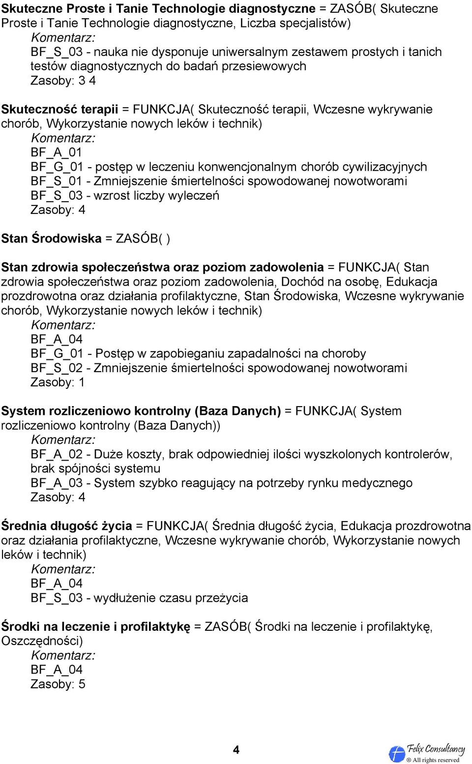 w leczeniu konwencjonalnym chorób cywilizacyjnych BF_S_01 - Zmniejszenie śmiertelności spowodowanej nowotworami BF_S_03 - wzrost liczby wyleczeń Zasoby: 4 Stan Środowiska = ZASÓB( ) Stan zdrowia