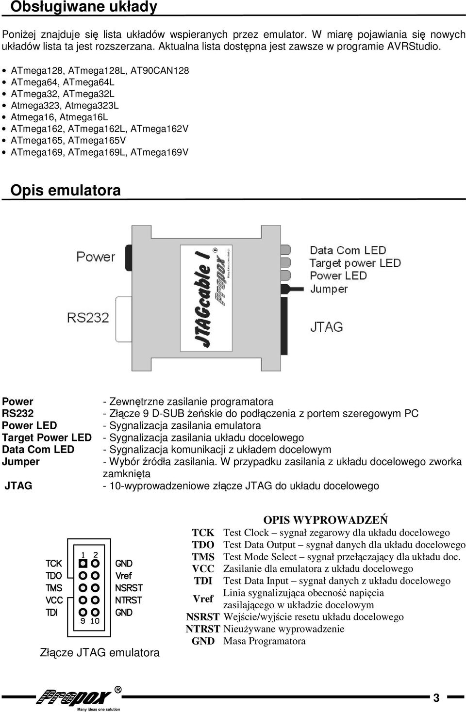 emulatora Power - Zewntrzne zasilanie programatora RS - Złcze 9 D-SUB eskie do podłczenia z portem szeregowym PC Power LED - Sygnalizacja zasilania emulatora Target Power LED - Sygnalizacja zasilania