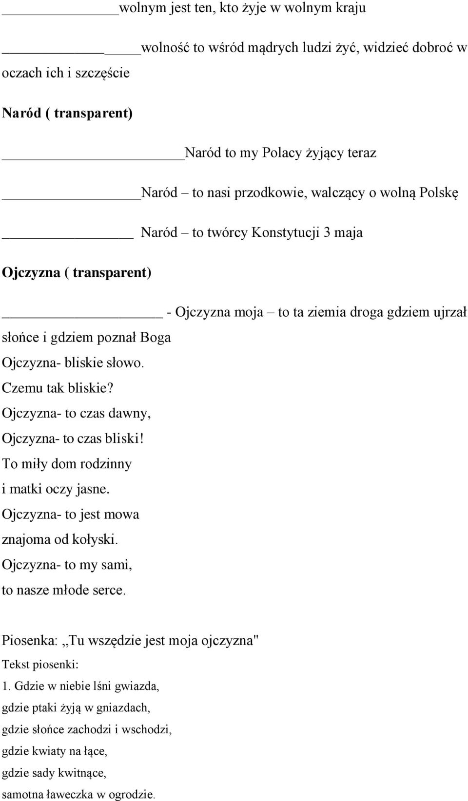 Czemu tak bliskie? Ojczyzna- to czas dawny, Ojczyzna- to czas bliski! To miły dom rodzinny i matki oczy jasne. Ojczyzna- to jest mowa znajoma od kołyski. Ojczyzna- to my sami, to nasze młode serce.