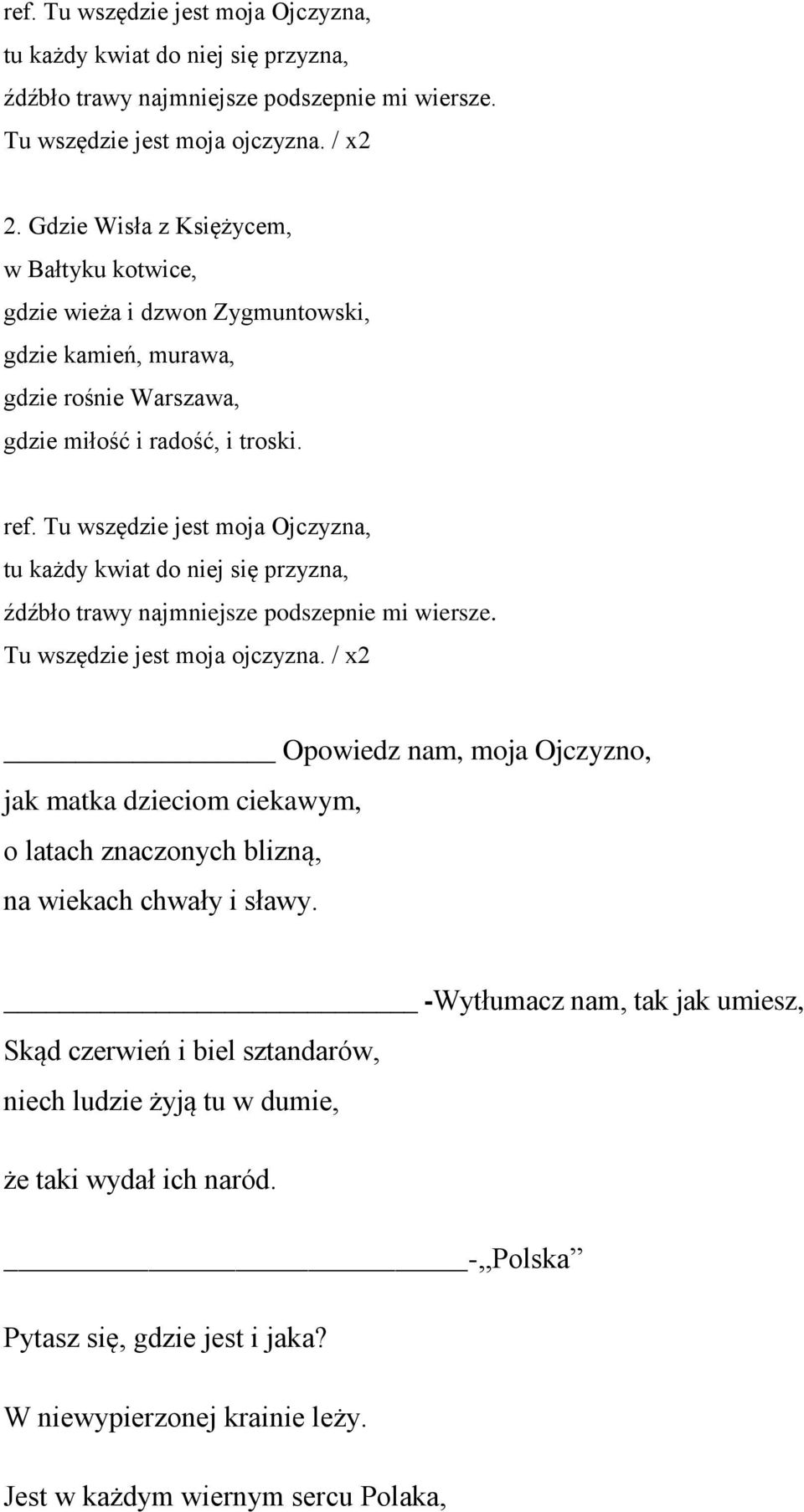 Tu wszędzie jest moja Ojczyzna, tu każdy kwiat do niej się przyzna, źdźbło trawy najmniejsze podszepnie mi wiersze. Tu wszędzie jest moja ojczyzna.