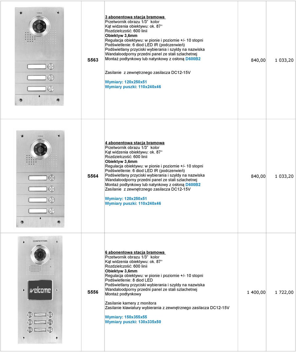 lub natynkowy z osłoną D600B2 Wymiary: 120x250x51 Wymiary puszki: 110x240x46 S556 6 abonentowa stacja bramowa Podświetlenie: 8 diod LED Podświetlany przyciski wybierania i