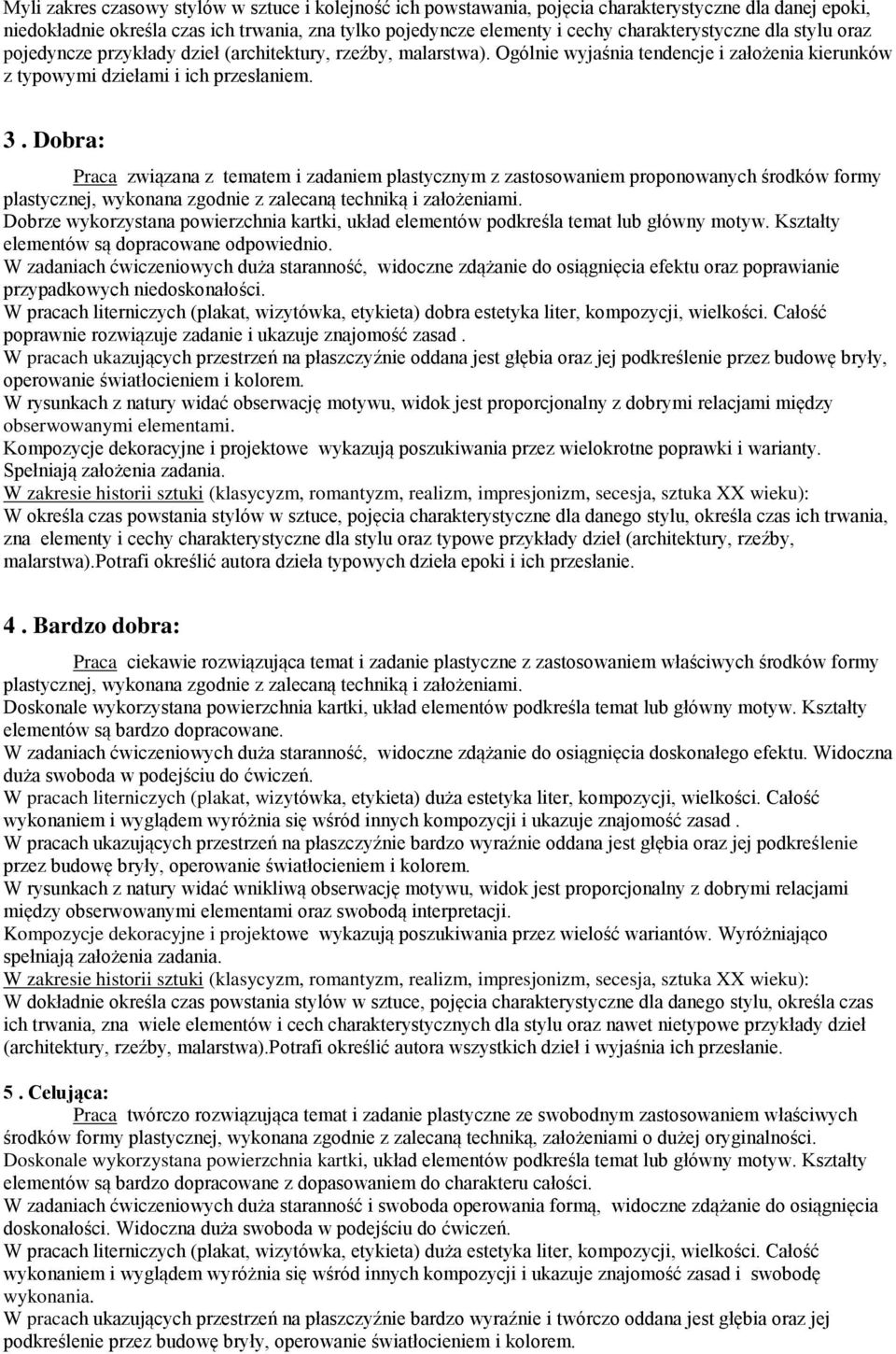 Dobra: Praca związana z tematem i zadaniem plastycznym z zastosowaniem proponowanych środków formy plastycznej, wykonana zgodnie z zalecaną techniką i założeniami.