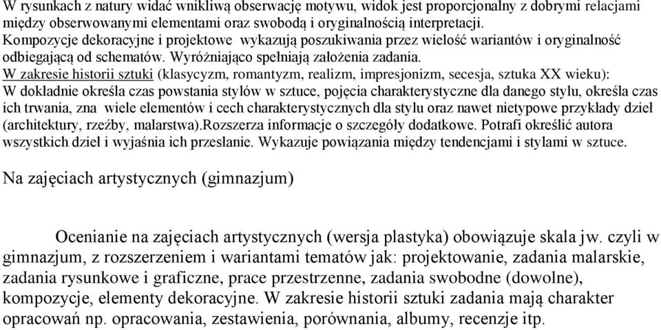 W dokładnie określa czas powstania stylów w sztuce, pojęcia charakterystyczne dla danego stylu, określa czas ich trwania, zna wiele elementów i cech charakterystycznych dla stylu oraz nawet nietypowe