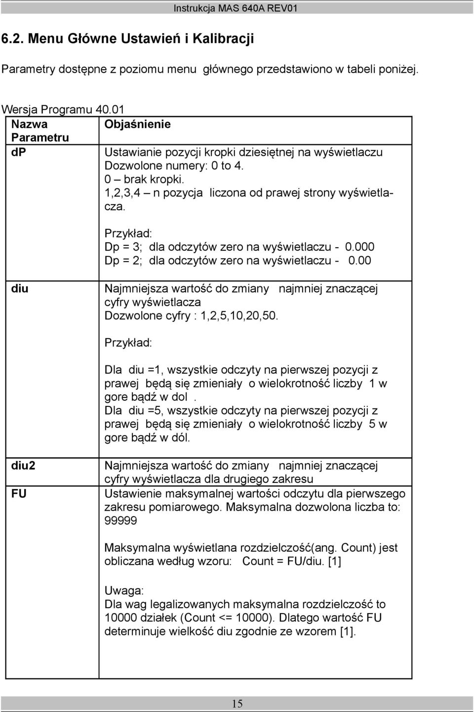 Przykład: Dp = 3; dla odczytów zero na wyświetlaczu - 0.000 Dp = 2; dla odczytów zero na wyświetlaczu - 0.