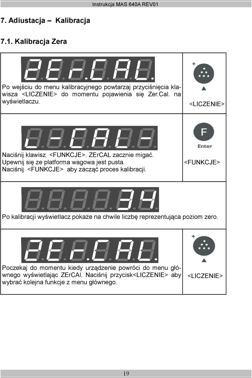 <LICZENIE> Naciśnij klawisz <FUNKCJE>. ZErCAL zacznie migać. Upewnij się ze platforma wagowa jest pusta.