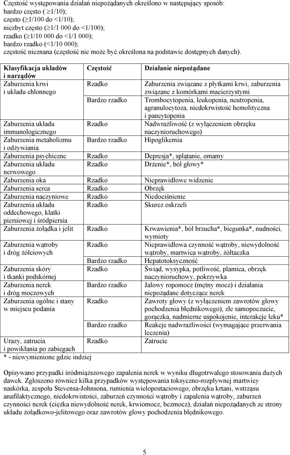 Klasyfikacja układów Częstość Działanie niepożądane i narządów Zaburzenia krwi i układu chłonnego Zaburzenia związane z płytkami krwi, zaburzenia związane z komórkami macierzystymi Bardzo rzadko
