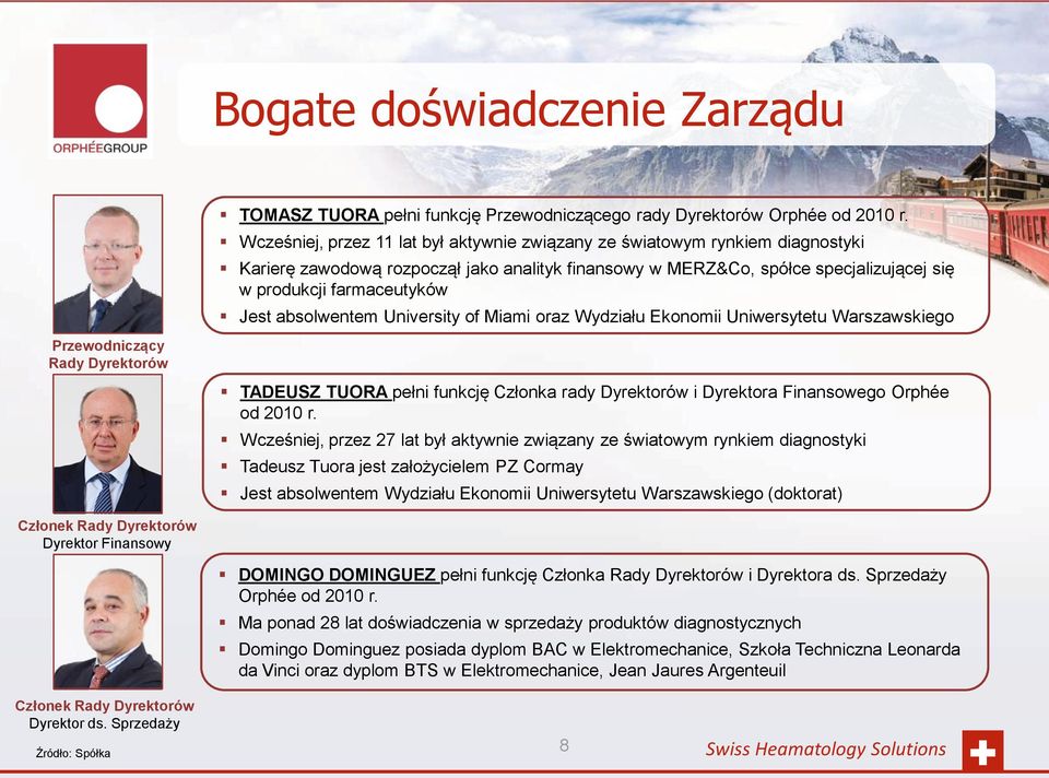 absolwentem University of Miami oraz Wydziału Ekonomii Uniwersytetu Warszawskiego TADEUSZ TUORA pełni funkcję Członka rady Dyrektorów i Dyrektora Finansowego Orphée od 2010 r.