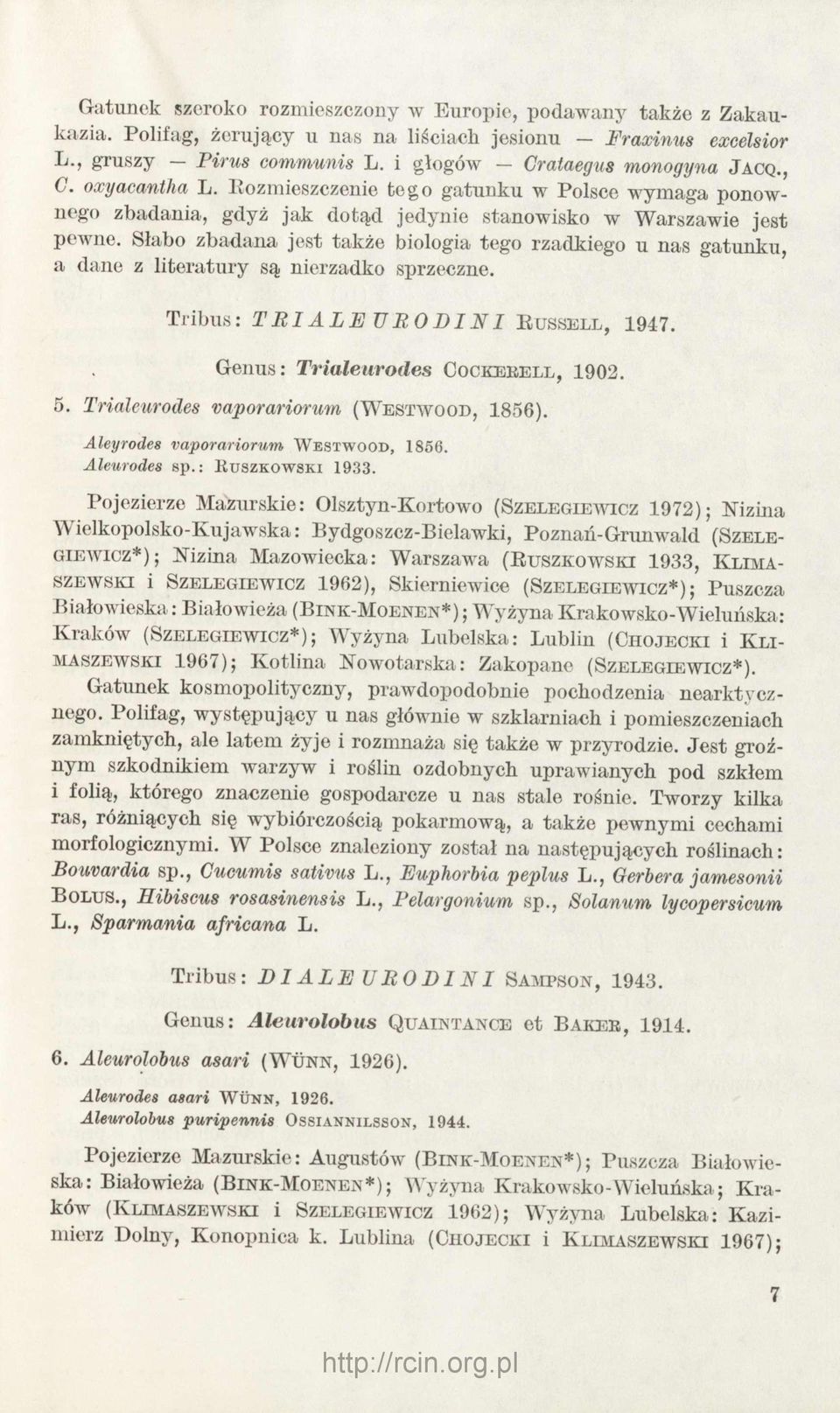 Słabo zbadana jest także biologia tego rzadkiego u nas gatunku, a dane z literatury są nierzadko sprzeczne. Tribus: TRIALETJRODINI B u sse l l, 1947. Genus: Trialeiirodes Cockerell, 1902. 5.