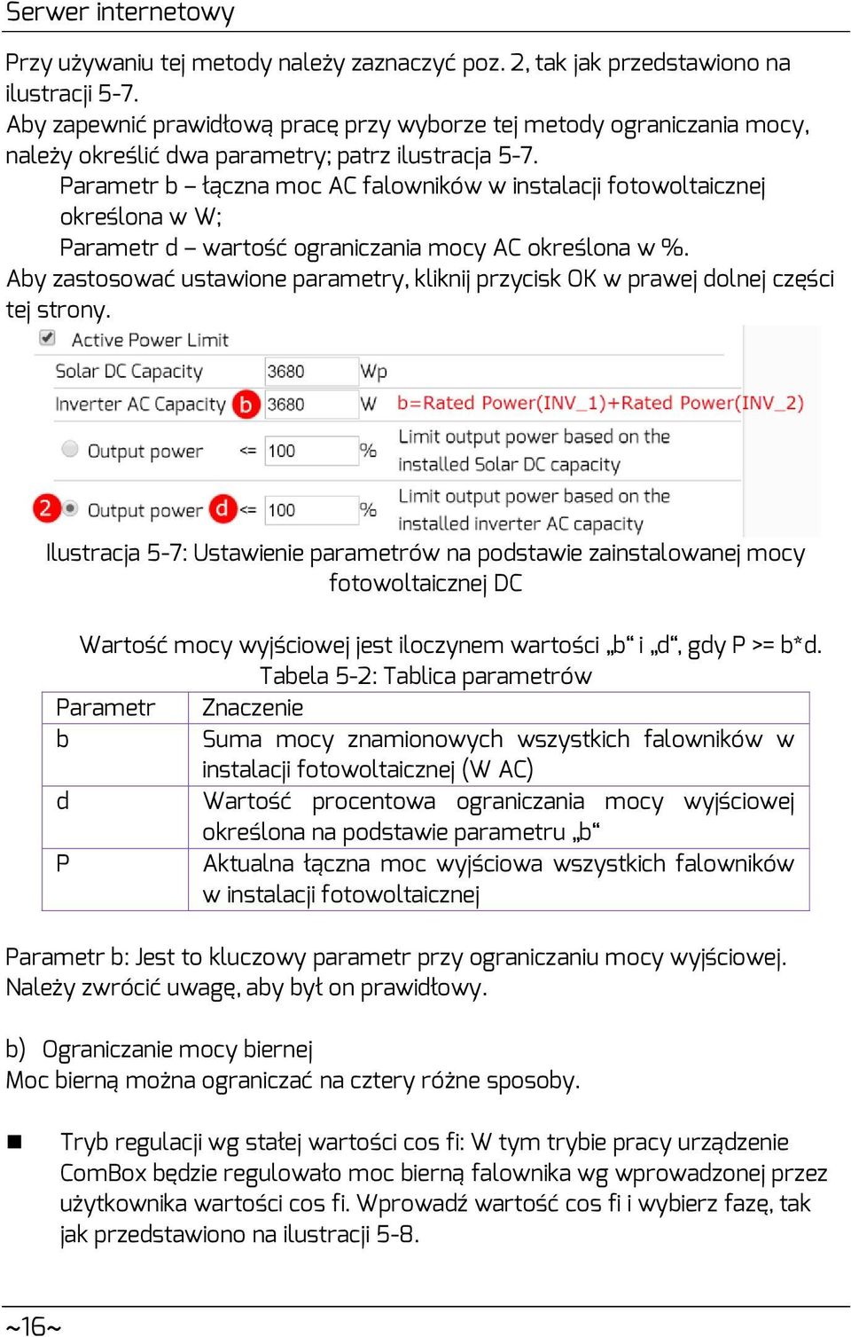 Parametr b łączna moc AC falowników w instalacji fotowoltaicznej określona w W; Parametr d wartość ograniczania mocy AC określona w %.