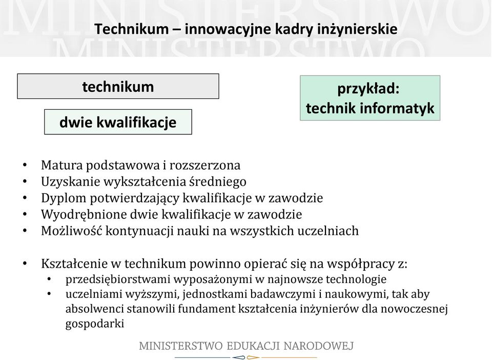 na wszystkich uczelniach Kształcenie w technikum powinno opierać się na współpracy z: przedsiębiorstwami wyposażonymi w najnowsze technologie