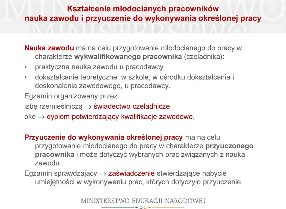 Egzamin organizowany przez: izbę rzemieślniczą świadectwo czeladnicze oke dyplom potwierdzający kwalifikacje zawodowe, Przyuczenie do wykonywania określonej pracy ma na celu przygotowanie