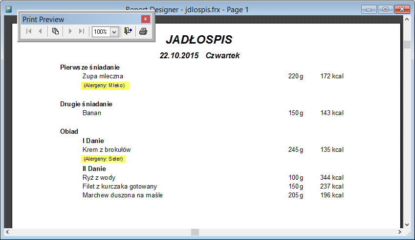 Stołówka Optivum. Jak utworzyć jadłospis? 12/12 4. Kliknij ikonę i w oknie Raporty wybierz format wydruku. Kliknij przycisk Zastosuj. 5. Kliknij ikonę i obejrzyj podgląd wydruku.