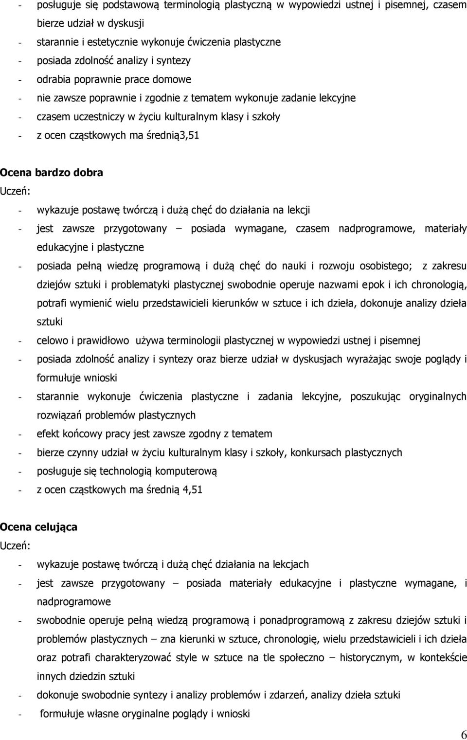 średnią3,51 Ocena bardzo dobra - wykazuje postawę twórczą i dużą chęć do działania na lekcji - jest zawsze przygotowany posiada wymagane, czasem nadprogramowe, materiały edukacyjne i plastyczne -