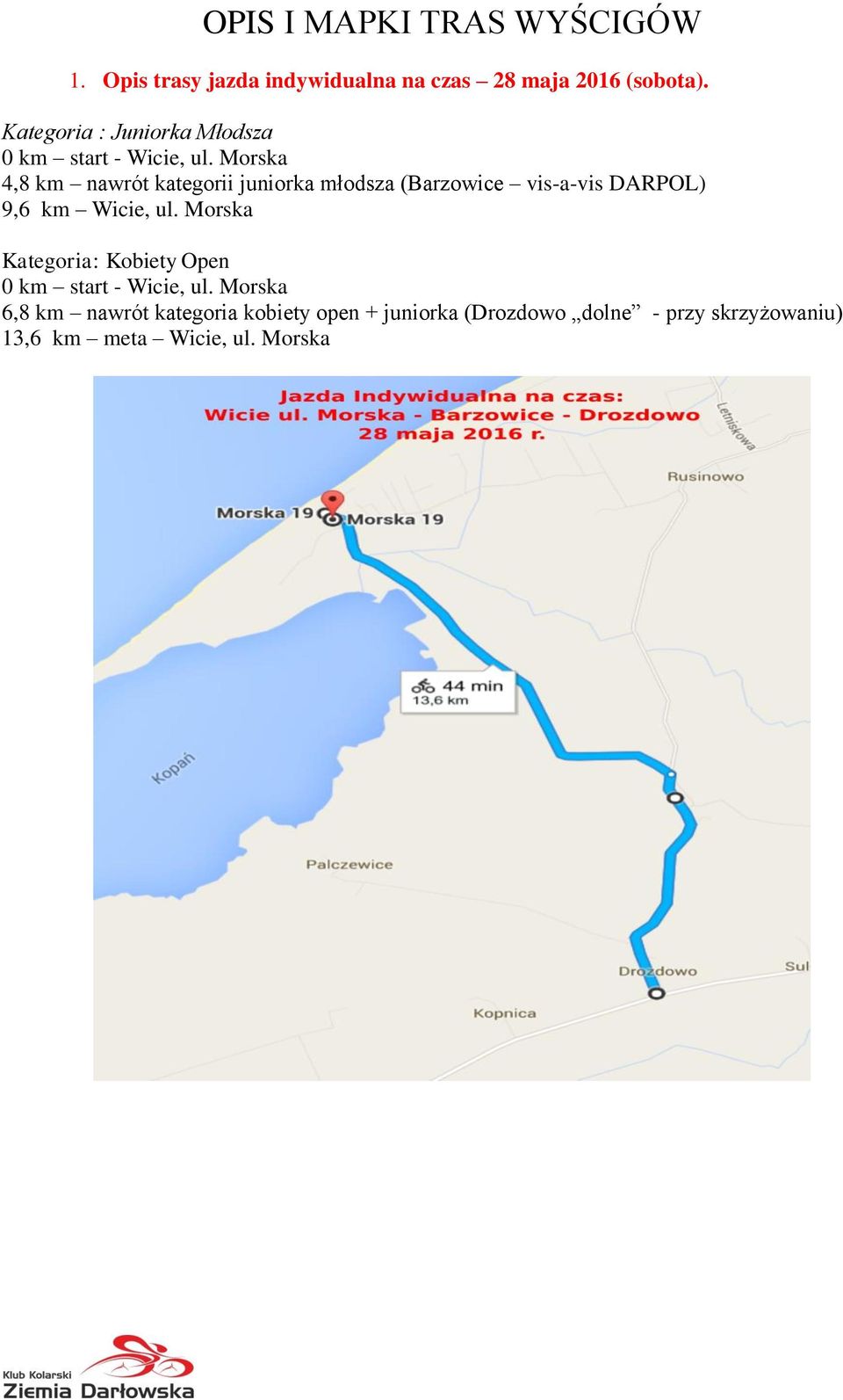 Morska 4,8 km nawrót kategorii juniorka młodsza (Barzowice vis-a-vis DARPOL) 9,6 km Wicie, ul.