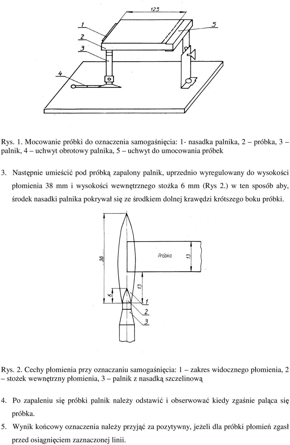 ) w ten sposób aby, środek nasadki palnika pokrywał się ze środkiem dolnej krawędzi krótszego boku próbki. Rys. 2.