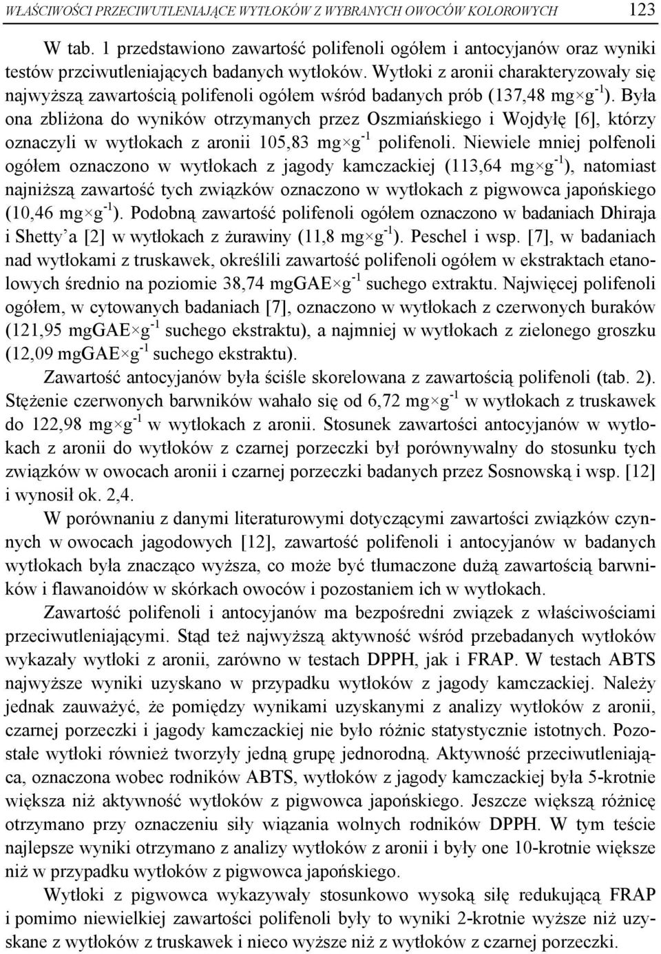 Była ona zbliżona do wyników otrzymanych przez Oszmiańskiego i Wojdyłę [6], którzy oznaczyli w wytłokach z aronii 105,83 mg g -1 polifenoli.