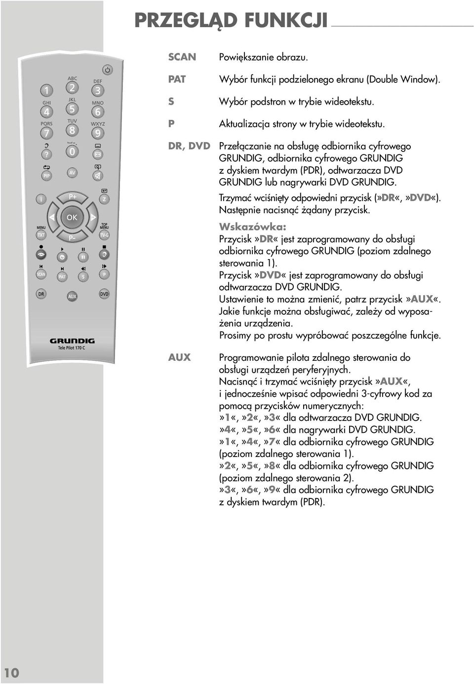 Trzymać wciśnięty odpowiedni przycisk (»DR«,»DVD«). Następnie nacisnąć żądany przycisk. Przycisk»DR«jest zaprogramowany do obsługi odbiornika cyfrowego GRUNDIG (poziom zdalnego sterowania 1).