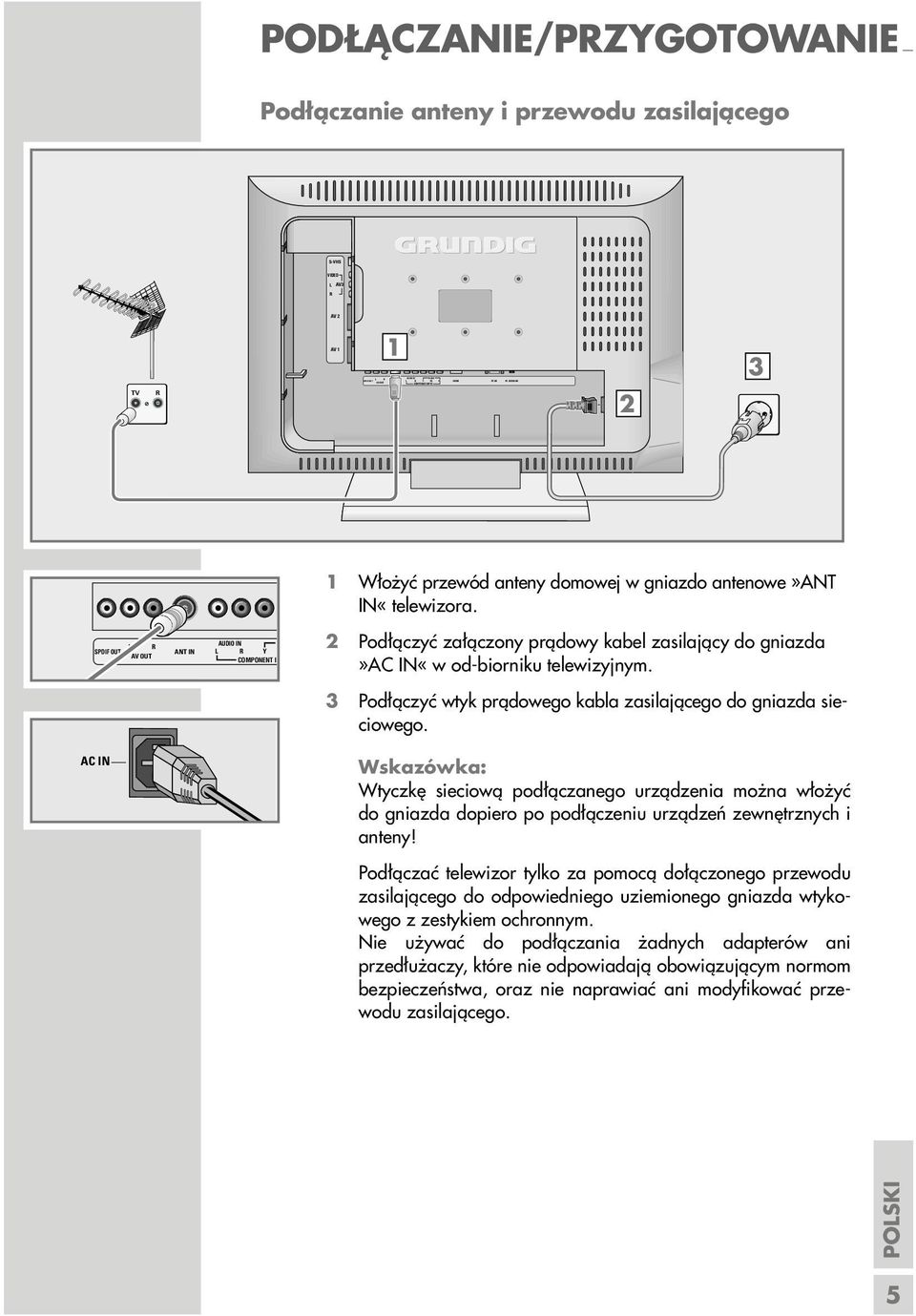 L R SPDIF OUT AV OUT ANT IN AUDIO IN L R Y COMPONENT I 2 Podłączyć załączony prądowy kabel zasilający do gniazda»ac IN«w od-biorniku telewizyjnym.