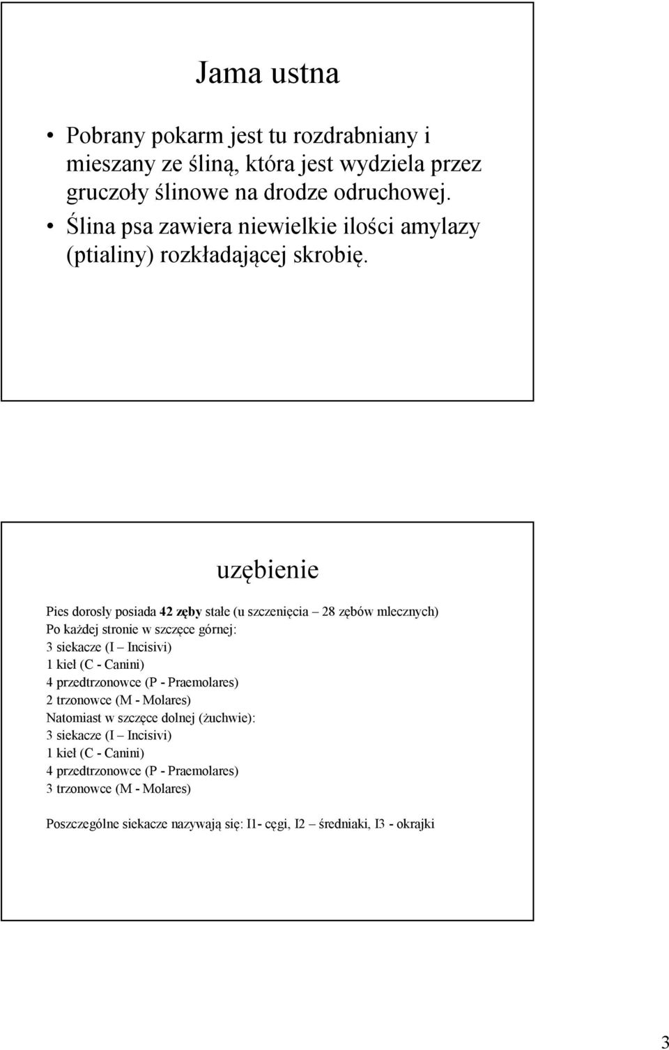 uzębienie Pies dorosły posiada 42 zęby stałe (u szczenięcia 28 zębów mlecznych) Po każdej stronie w szczęce górnej: 3 siekacze (I Incisivi) 1 kieł (C - Canini) 4