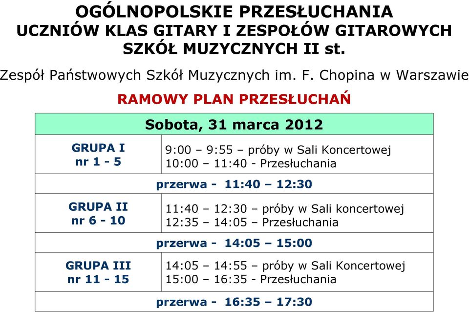 10:00 11:40 - Przesłuchania przerwa - 11:40 12:30 GRUPA II nr 6-10 11:40 12:30 próby w Sali koncertowej 12:35 14:05